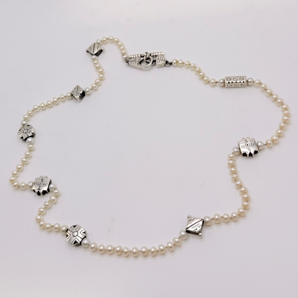 Lisa Jenks Art Deco Modernist Pearl & 925 Tribal Charm Station Necklace 21 in